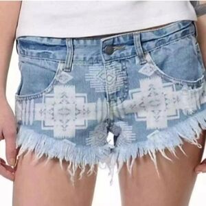 Billabong Laneway Cut Off Tribal Aztec Print Blue Denim Shorts Size 1